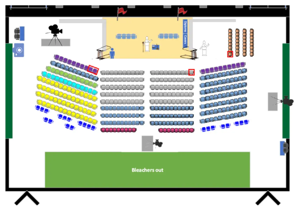 Event hall seating chart, colored sections, stage top, cameras, labeled bleachers bottom.