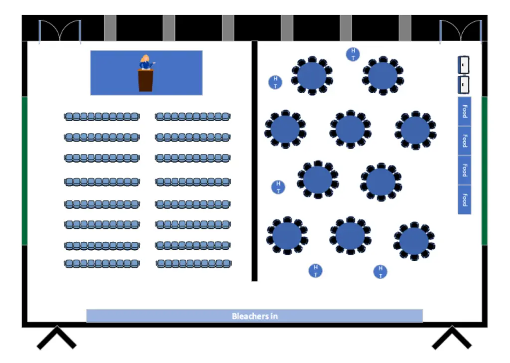 Lecture hall floor plan: rows of seats, stage; right side with round tables and pool tables.