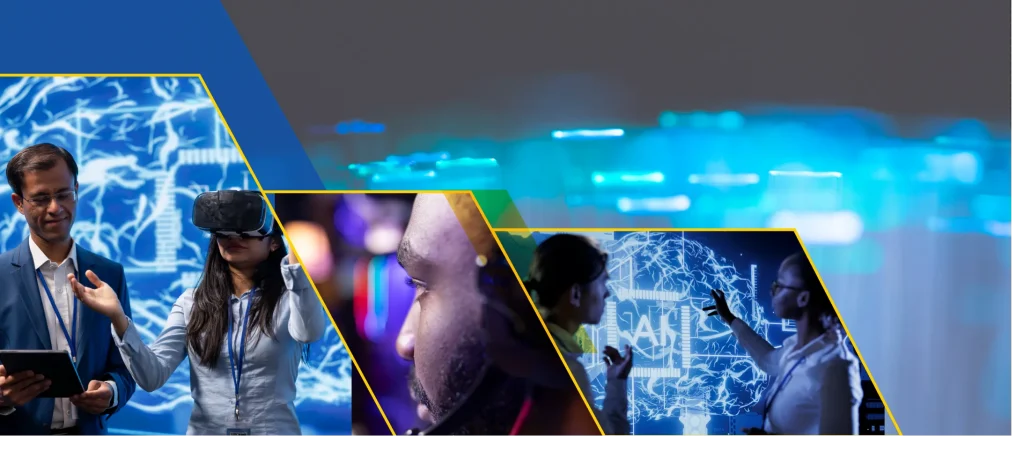 Artificial intelligence teacher wearing a VR headset, engaging in immersive technology-based instruction.