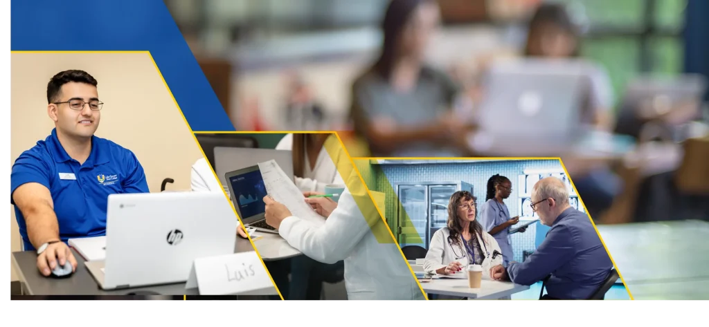 Banner from the Medical Office Management webpage featuring four images: a male employee wearing glasses and a blue LSSC polo shirt browsing on a laptop; a close-up of a group in white blazers reviewing data; a scene in a medical office with a doctor, patient, and nurse discussing in the background; and a blurred classroom setting as the background image.