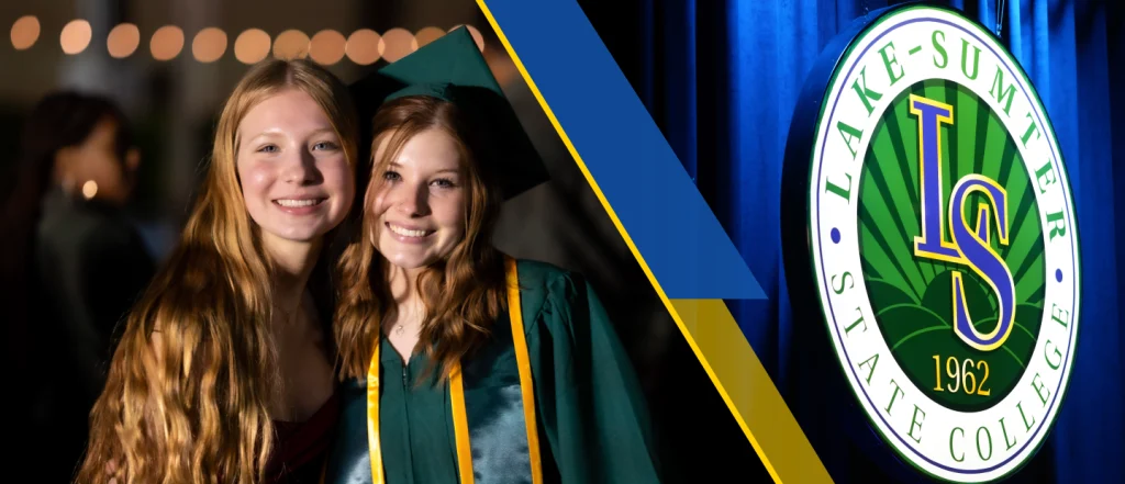 Student in graduation attire and individual beside Lake-Sumter State College scholarships sign.