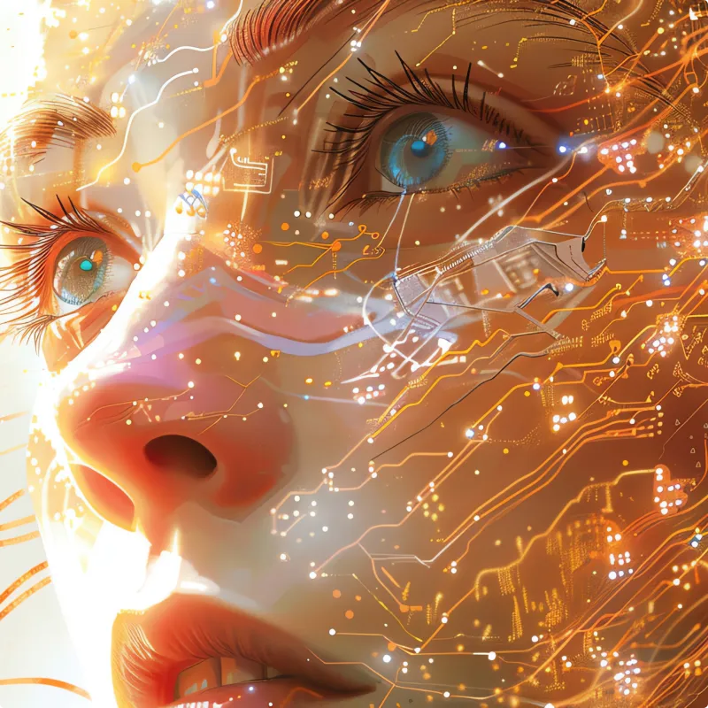 Close-up of person’s face with glowing blue eyes and digital circuit patterns on skin, representing fusion of technology and humanity.