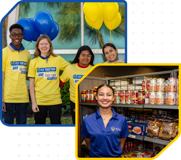 Four students with blue and yellow balloons; below, individual in front of shelves with canned food and snacks.