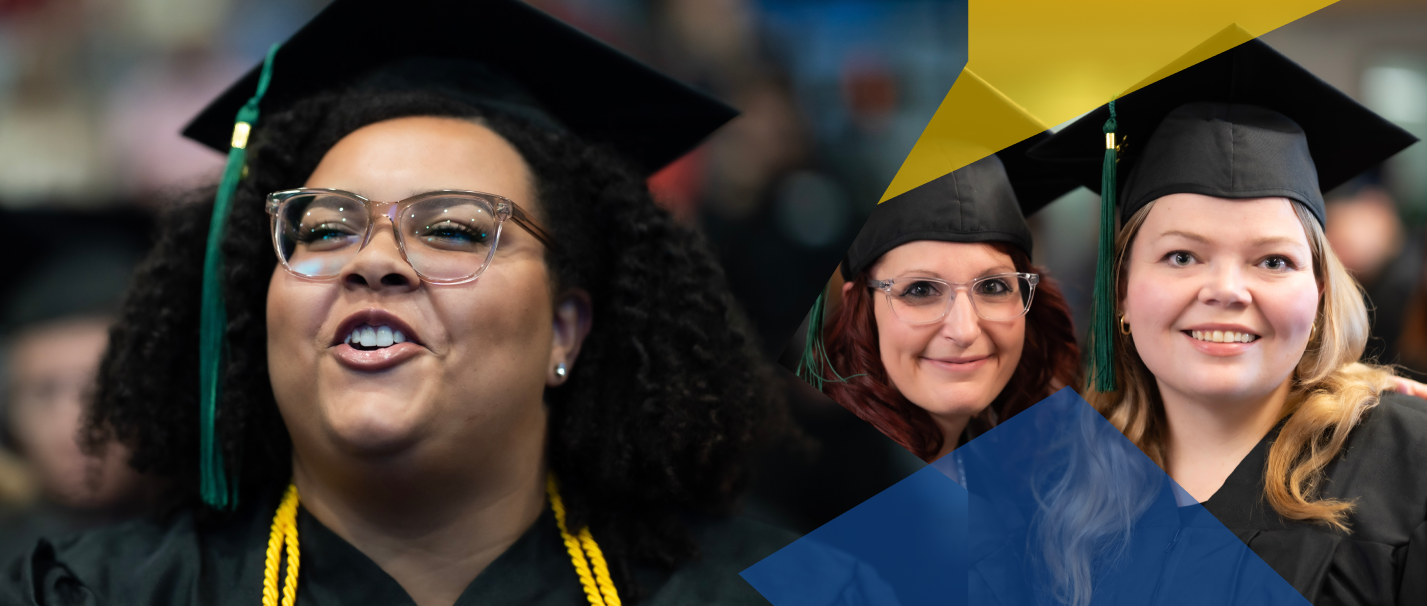 Three graduates in caps and gowns smile at a graduation ceremony, with geometric yellow and blue shapes overlaying the image.