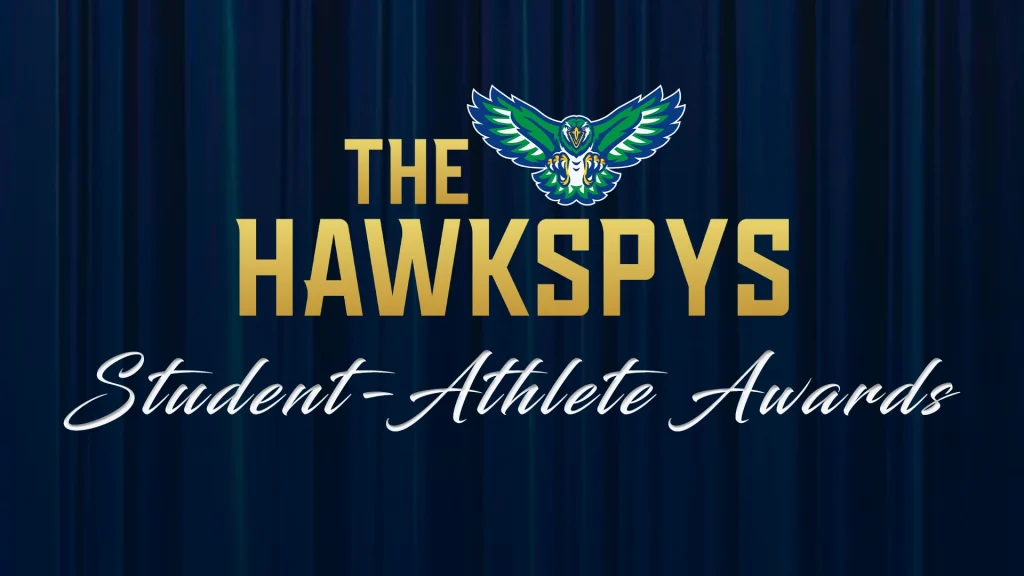 The Hawkspys Student-Athlete Awards text, green and blue hawk logo above, on dark blue background.