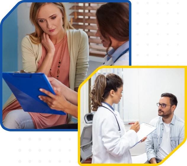Woman looking at a tablet while a doctor discusses with a man
