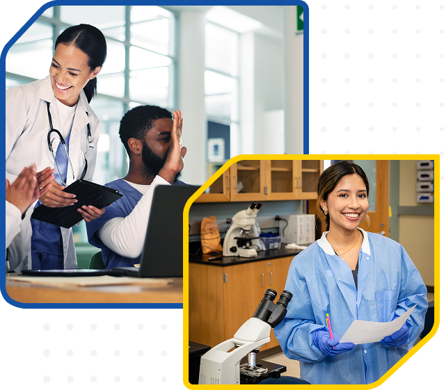 Healthcare professionals smiling; person in lab coat at microscope, representing healthcare and engineering integration.