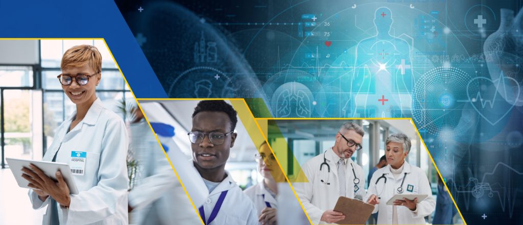 Collage of diverse medical staff, digital healthcare and engineering icons overlaid in background.