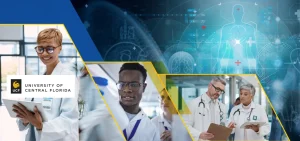 Individuals collaborating, University of Central Florida logo and digital health icons in background, professional setting.