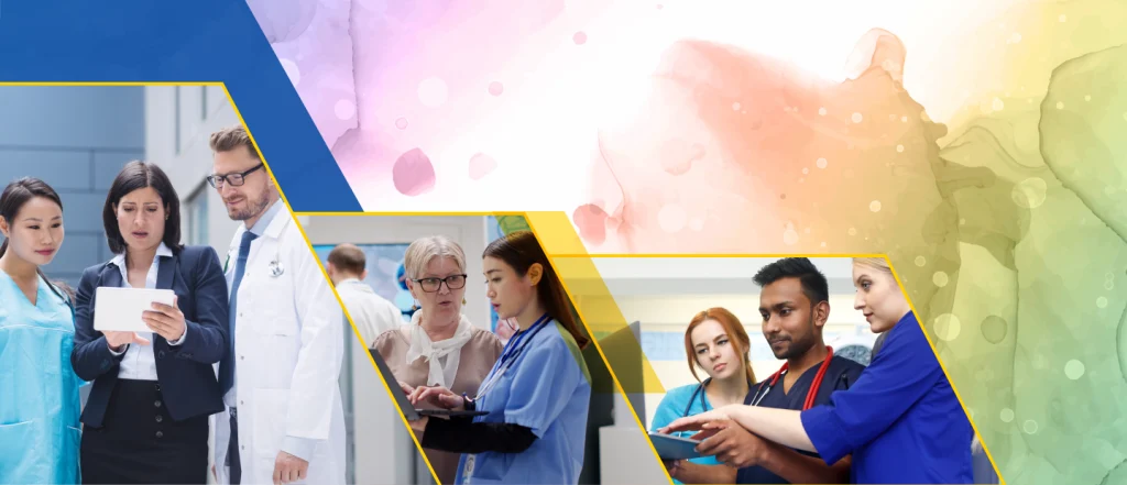 Individuals reviewing tablets and documents, discussing health services management, vivid watercolor background.