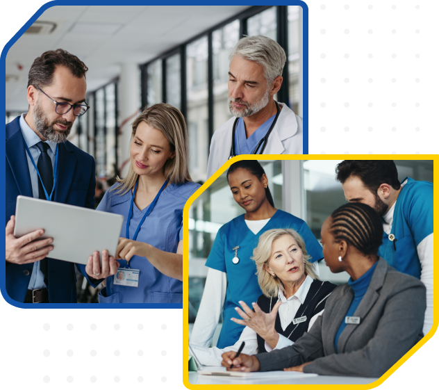 Individuals in groups collaborate, reviewing documents and ideas in a modern meeting space, focused on health services management.