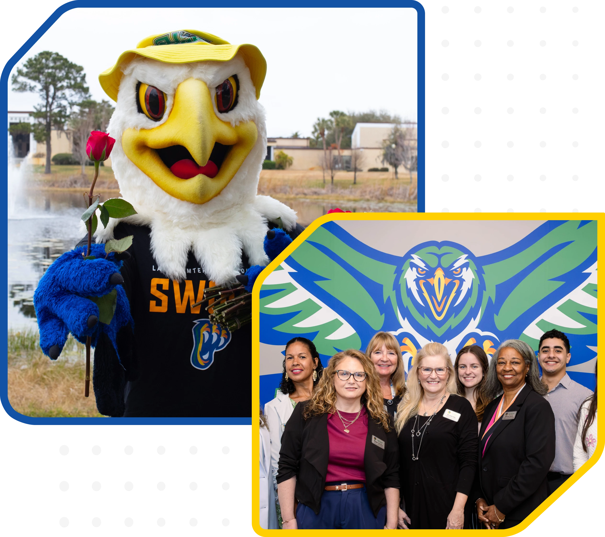Mascot with rose outdoors; seven individuals smiling indoors before colorful bird logo.