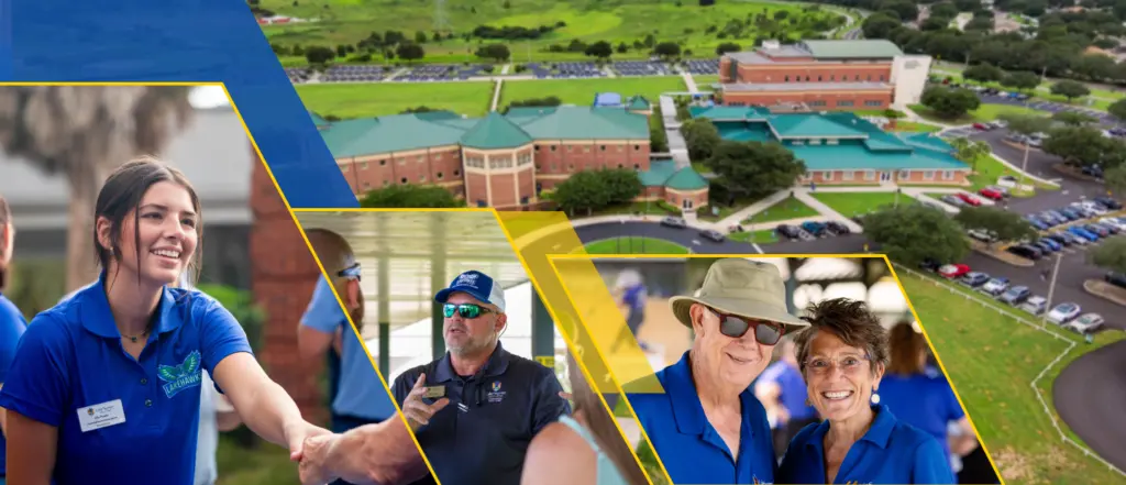 Aerial campus view; inset images of individuals smiling, shaking hands, enjoying outdoor event.