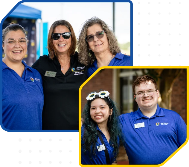 Three smiling people in blue polos, Creative Marketing Sun College branding