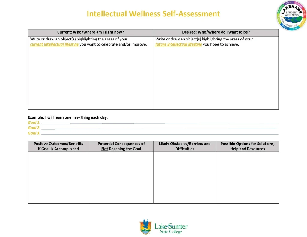 Self-assessment graphic with sections for current and desired intellectual lifestyle goals.