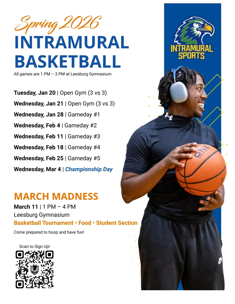 A young man in sportswear holds a basketball and wears headphones. Intramural basketball schedule and event details are displayed on the left with event dates and times.