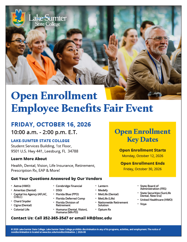 Flyer: Lake-Sumter State College Employee Benefits Fair, Oct 16, 2026. Details, enrollment dates, and vendors listed.