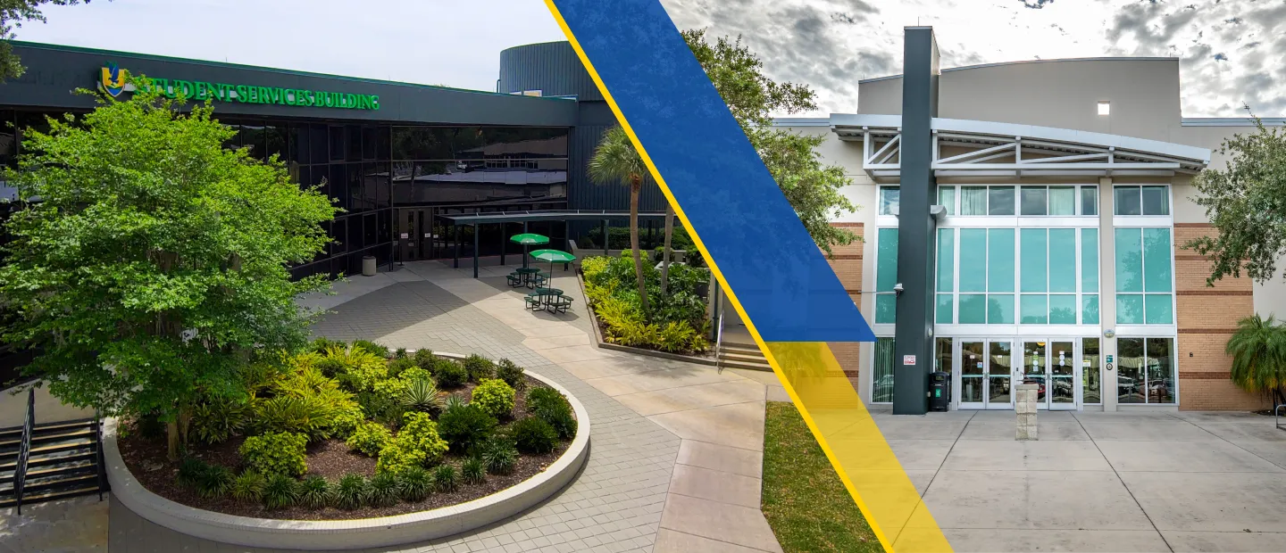 Leesburg campus buildings, glass entrances, landscaping, outdoor seating; separated by blue and yellow diagonal lines.