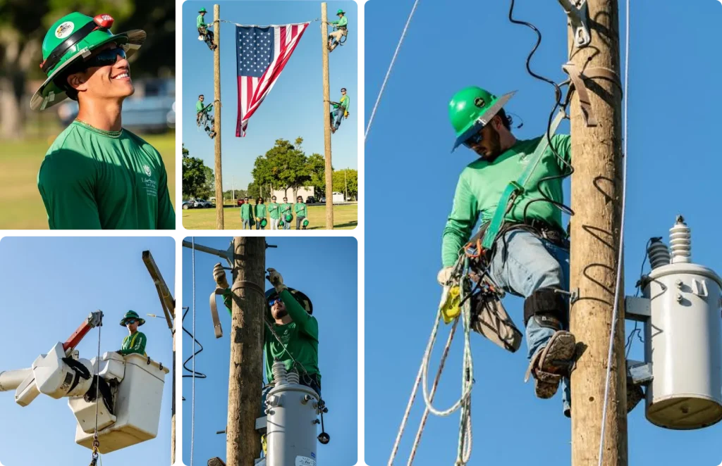 Utility workers climbing poles, using equipment; American flag displayed between two utility poles.