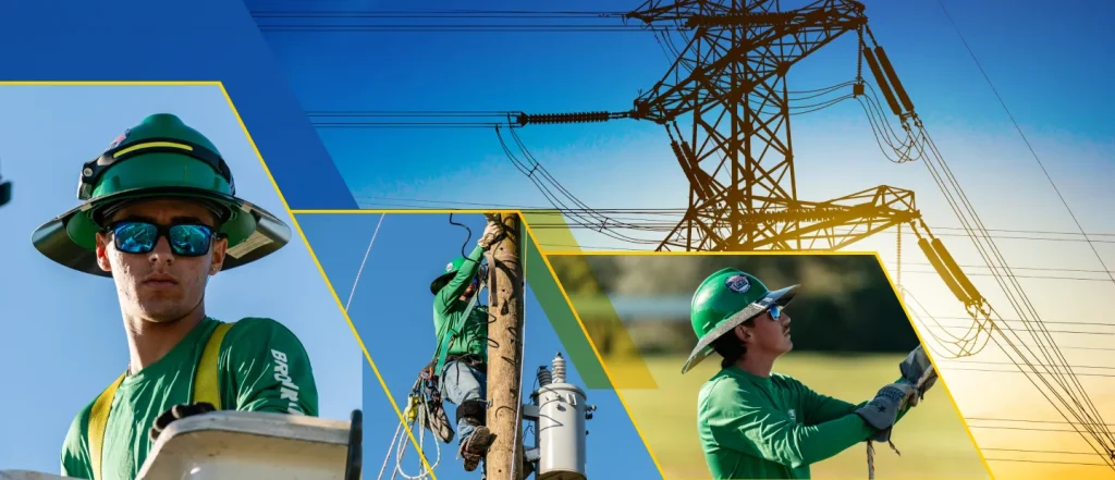 Collage of individuals in green uniforms and hard hats working on power lines; transmission tower in background.