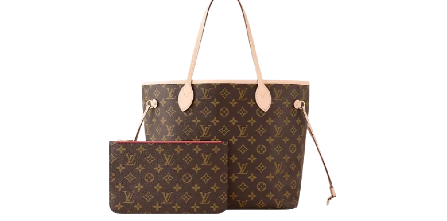 Louis Vuitton monogram tote bag, tan handles, matching zipper pouch, white background.