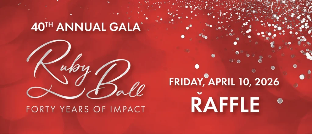 Red gala invitation: 40th Annual Gala Ruby Ball, Forty Years of Impact, April 10, 2026; Raffle noted; sparkling accents.