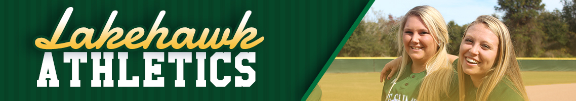 Lakehawk athletics text banner with two female softball players smiling with each other's arms around shoulders