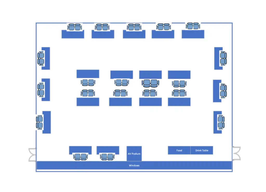 Classroom layout, tables and chairs in rows, AV podium, food and drink table, windows at bottom.