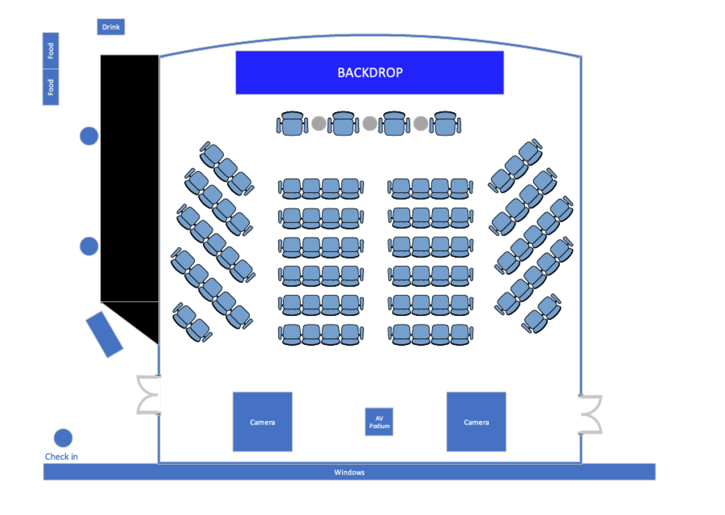 Magnolia room layout; chairs face backdrop, side tables, cameras, check-in area, drinks station, AV position indicated.