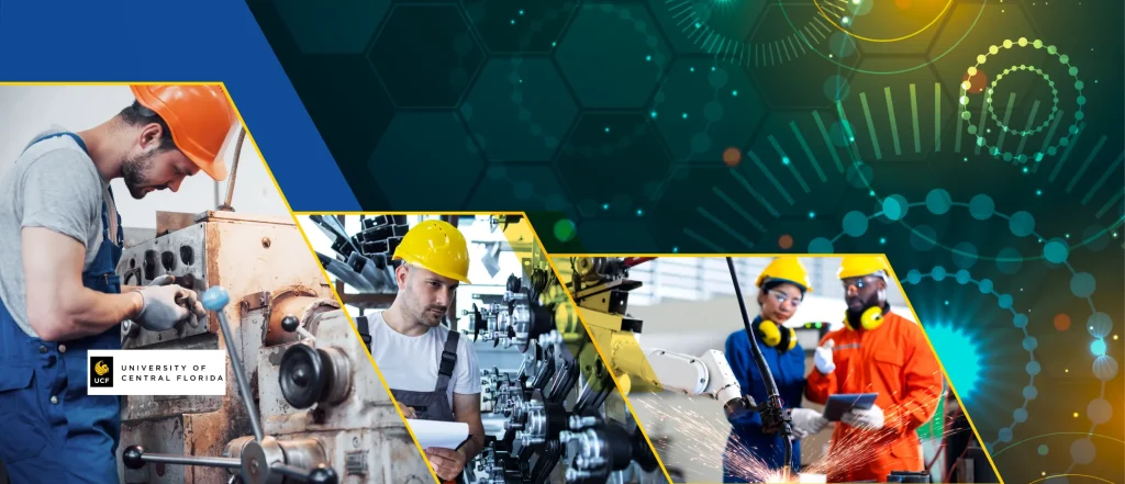 People in hard hats use machinery, review electrical engineering data; tech-themed backdrop with University of Central Florida logo.