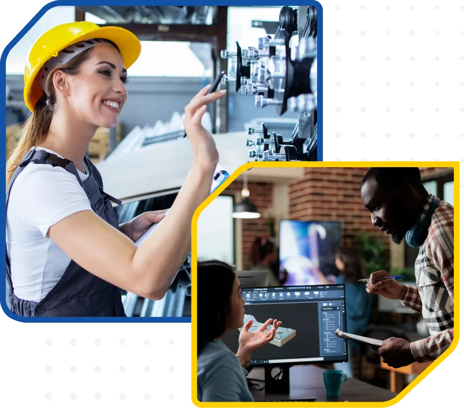 Person in hard hat operates machinery; below, two individuals discuss electrical engineering and 3D modeling at a computer station.