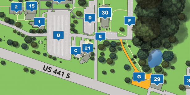 Campus map, US 441 S. Buildings with alphanumeric labels, parking lots, and a pond.