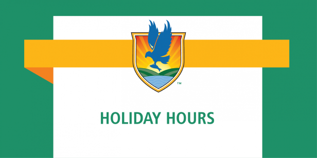 Sign with crest featuring eagle, sun, and hills; text: HOLIDAY HOURS.