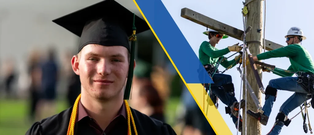 Student in graduation attire outdoors; two individuals in safety gear work on utility pole.