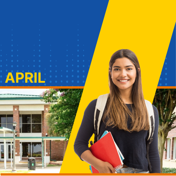 Student with books and backpack in front of school building, April text on yellow-blue background.