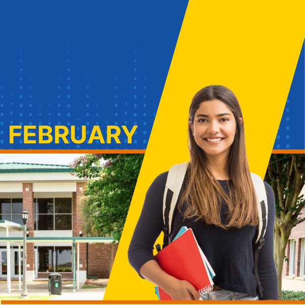Student with backpack and books, standing by school building; "February" text on blue and yellow background.