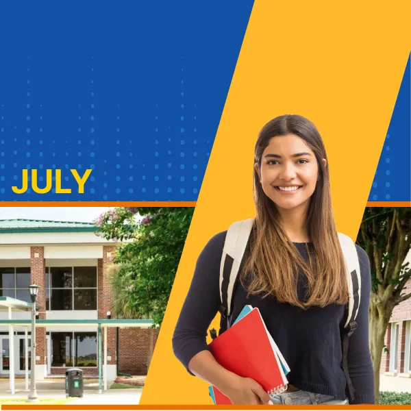 Student with books and backpack outside building, "JULY" above, blue and yellow background.