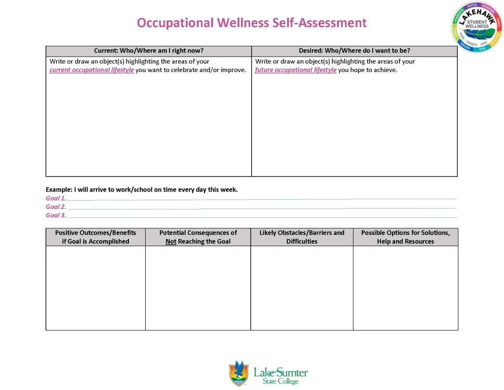 Occupational wellness self-assessment form with goal setting sections.