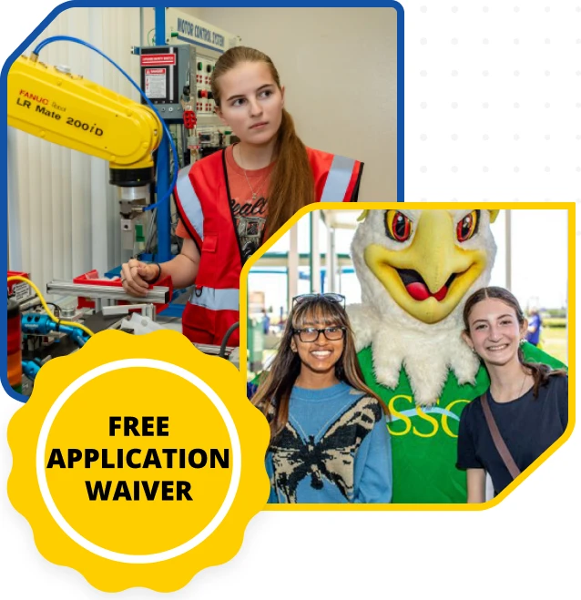 Two young women pose with a FANUC LR Mate 200iD robot and SWOOP the LLSC mascot and button noting that by attending the open house there is a Free Application Waiver