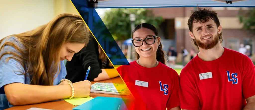 Students in red LSSC t-shirts stand beside a student writing at a table with a map.