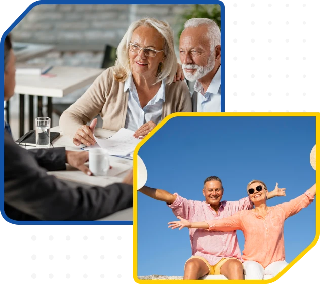 Older couple smiling at the beach.