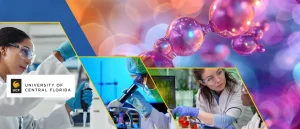 Collage: people in labs, molecular structures in background, University of Central Florida engineering logo on left.