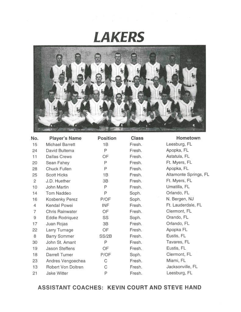 Photocopy of the 1998-1999 Lake-Sumter Community College baseball team roster