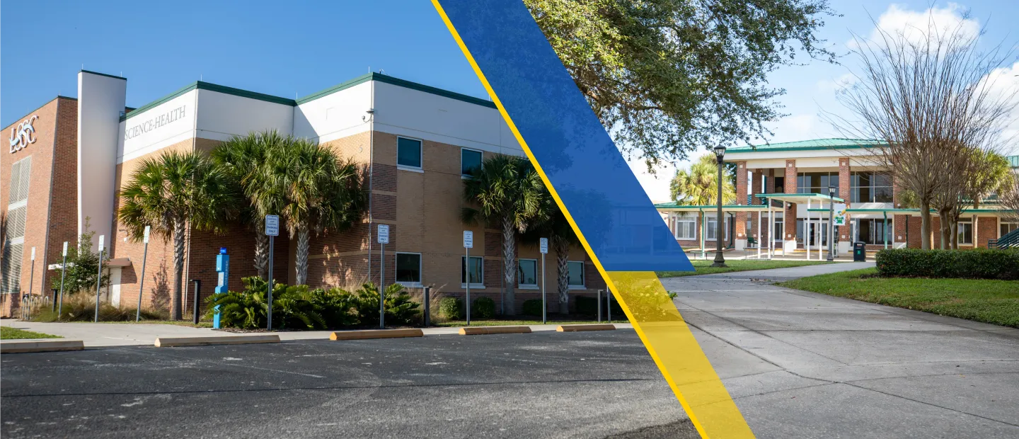 South Lake Science Center buildings, blue and yellow diagonal stripes, trees, parking spaces.