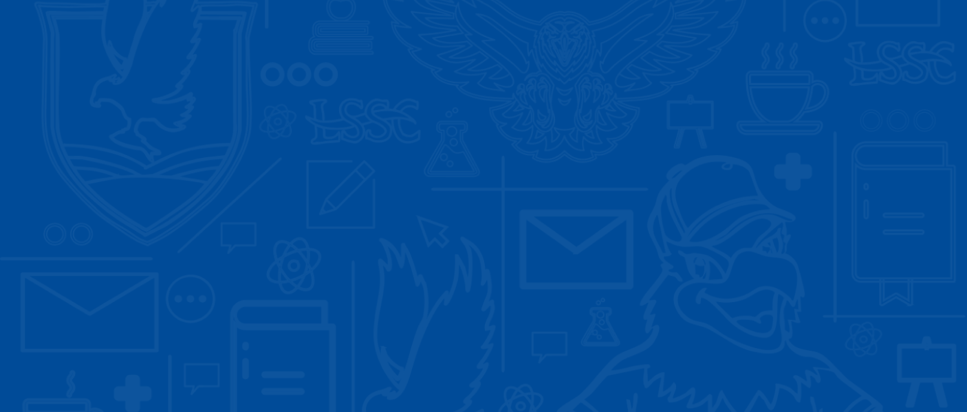 Blue background, outline icons: owl, shield, coffee cup, envelope, and various school-related symbols.