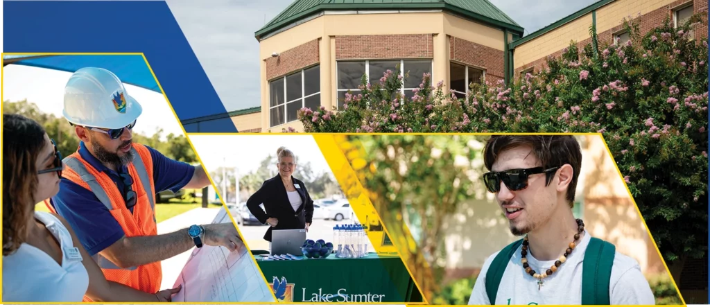Clermont campus building with green roof and pink-blossomed trees; people reviewing a map; Lake Sumter promo table; person with green backpack and beaded necklace