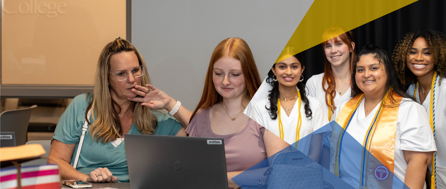 Two women working at a laptop on the left; a group of female graduates in white attire on the right, with colorful geometric overlays.
