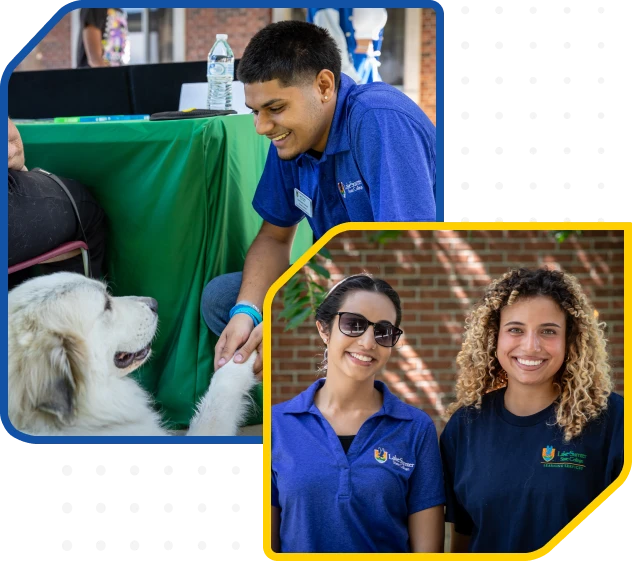 Two-photo collage from a campus event. Top photo: A person in a blue shirt with a name tag sits at a table with a green tablecloth, shaking hands with a large white dog. Items including a water bottle are on the table. Bottom photo: Two individuals in blue logoed shirts stand side by side outdoors in front of brick walls and greenery.