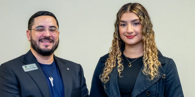 Andrew Hernandez Sepulveda and Susana Perez Rivera stand side by side, smiling, plain background, no clear roles or setting indicated.