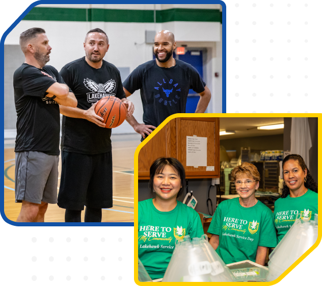 Two men and one woman play basketball in a gym; three women wearing "Here to Serve" shirts prepare food trays in a kitchen.
